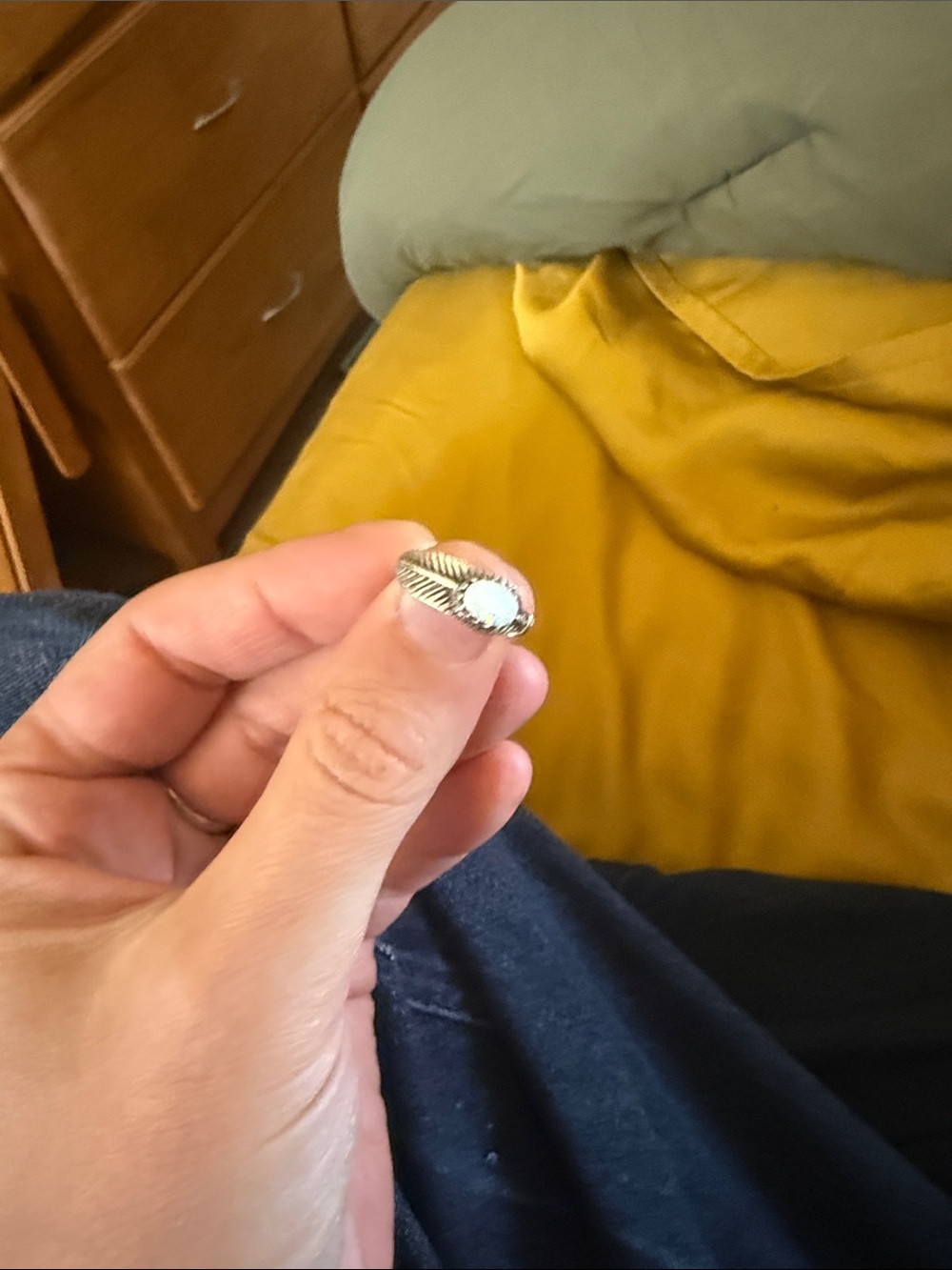 Sterling silver Feather Ring with lab created white opal